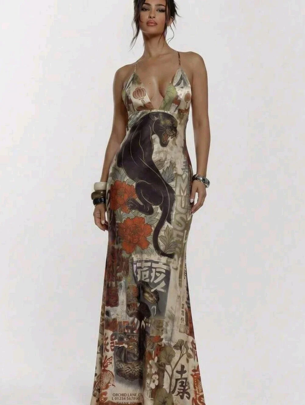 Sleeveless V-Neck Floral & Panther Print Maxi Dress — Beige Multi - Picture 1 of 5